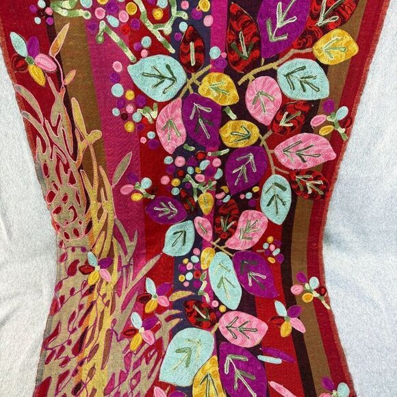 Embroidered Colorful Red Leaf / Floral  Wool? Scarf Shawl Wrap Stole 76" Long - Picture 9 of 14